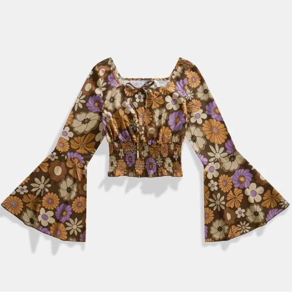 ROMWE Brown Floral Bell-Sleeve Smocked Crop Top with Purple Accents